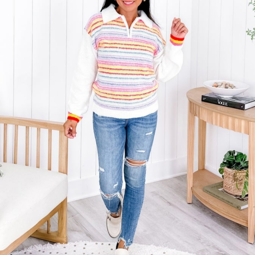 Andre by unit multi striped collared long sleeve 1/4 zip up sweater Size Large